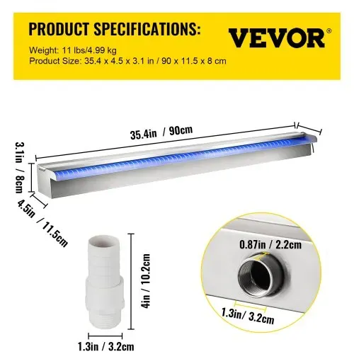 VEVOR Schwimmbad-Wasserfall-Spiller, 90 x 11,5 x 8 cm, Edelstahl-Schwimmbad-Wasserspiel mit buntem LED-Streifen, Schlauchanschluss, Fernbedienung, korrosionsbeständig Fontäne für Teich Pool – Bild 6