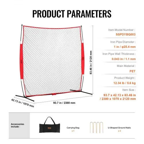 VEVOR Barrikaden-Backstop-Netz, 238 x 107 x 212 cm Ballsport-Absperrnetz, tragbare Übungsausrüstung mit Tragetasche, Schutzschirm für Baseball, Softball, Lacrosse, Fußball, Hockey-Training – Bild 6