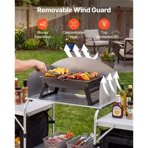 VEVOR Klappbare Campingküche, Campingschrank mit 2 MDF-Beistelltischen, Abnehmbarem Windschutz für den Kocher, 2 Stauräumen & X-förmigen Beinen, Camping-Küchenstation für Picknick, Grillen & Reisen – Bild 2