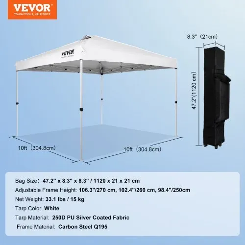 VEVOR Pavillon 304,8x304,8x320cm Gartenzelt 250D PU Silber beschichtetes Gewebe Faltpavillon inkl. Aufbewahrungstasche Partyzelt 6-8 Personen Pop up Zelt Weiß Gartenpavillon für Campingausflug – Bild 6