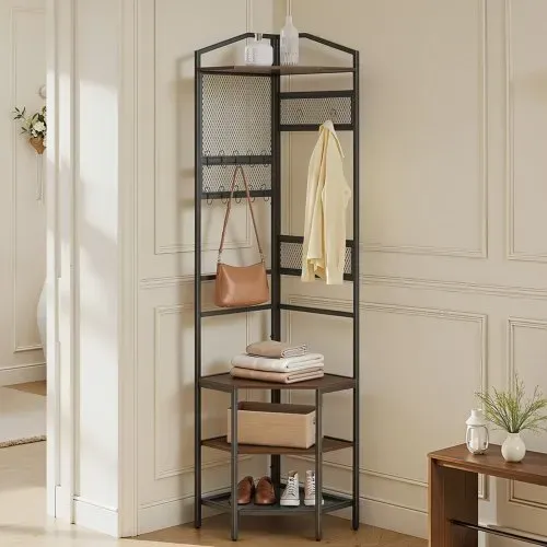VEVOR Eckgarderobe (181 cm Hoch) mit Haken, Ablagefläche & Stahlrahmen, Garderobenständer mit Kippsicherung, Verstellbaren und Rutschfesten Füße, Garderobenregal für Eingangsbereich Büro Wohnzimmer – Bild 7