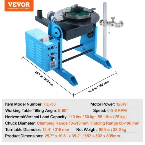 VEVOR Schweißdrehtisch 120 W Schweißpositionierer 0,5–6U/min Manipulator 25 kg(Horizontal)/50 kg(vertikal) Drehtisch 0–90° Neigungswinkel KD200-Dreibackenfutter zum Schneiden, Schleifen, Montieren – Bild 6