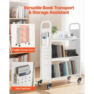 VEVOR Bücherwagen, 150 kg Tragkraft, Bibliothekswagen, 77 x 38 x 122 cm, einseitiges V-förmiges Bücherregal mit Doppelbremsrollen, für Wohnzimmer, Büro, Schule, Weiß VEVOR Bücherwagen, 150 kg Tragkraft, Bibliothekswagen, 77 x 38 x 122 cm, einseitiges V-förmiges Bücherregal mit Doppelbremsrollen, für Wohnzimmer, Büro, Schule, Weiß