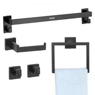 VEVOR Badezimmer Hardware Zubehör Set aus Edelstahl (5-tlg.) inkl. Handtuchstange & Handtuchhalter (quadratischer Ring) & 2 Haken & Toilettenpapierhalter, für Badezimmer, Wandmontage Schwarz VEVOR Badezimmer Hardware Zubehör Set aus Edelstahl (5-tlg.) inkl. Handtuchstange & Handtuchhalter (quadratischer Ring) & 2 Haken & Toilettenpapierhalter, für Badezimmer, Wandmontage Schwarz