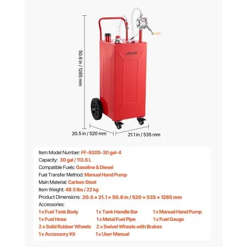 VEVOR 113,6L Kraftstofftrolley Mobile Tankanlage mit Manueller Pumpe Rot, Tragbarer Kraftstoffbehälter für Auto Rasenmäher Boot, Mit 4 Rollen & Ölstandsanzeige, Für Benzin & Diesel, Kohlenstoffstahl – Bild 6