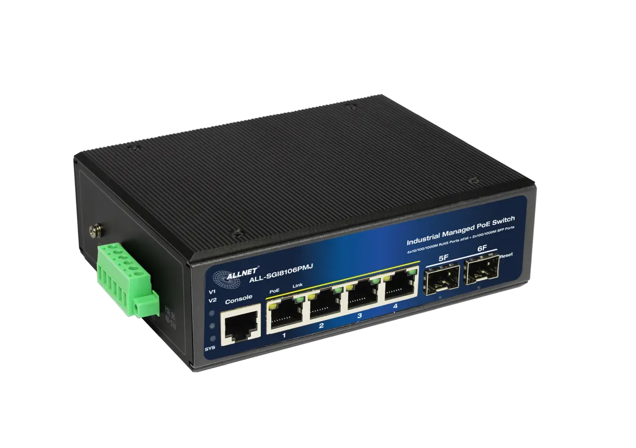 ALLNET Switch industrial full managed Layer2+ 6 Port GbE • PoE Budget 120W • 4x PoE at • 2x SFP • Lüfterlos • DIN • JSON • ALL-SGI8106PMJ – Bild 2