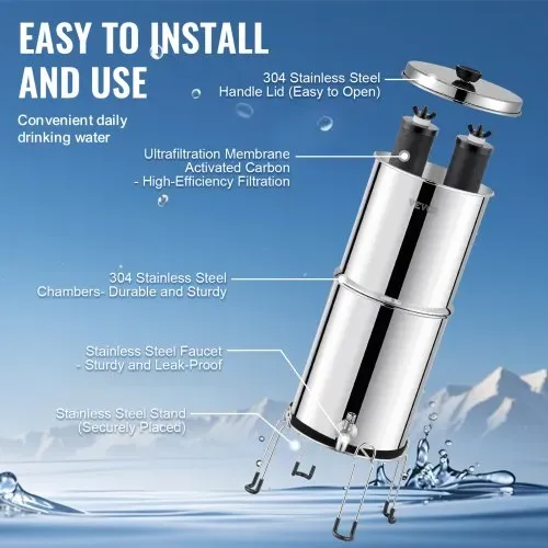 VEVOR Schwerkraft-Wasserfiltersystem, 2,25 G 304 Edelstahl-Arbeitsplatten-Wasserfiltersystem, reduziert Blei und bis zu 99 % Chlor, mit 2 Kohlefiltern/Zapfhahn/Ständer, für Zuhause, Camping, Wohnmobil – Bild 5
