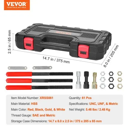 VEVOR Gewindewiederherstellungswerkzeug UNC & UNF & metrisch Gewinde Reparatur Satz 61-teilig, Nachgewinde-Werkzeugsatz mit Gewindebohrern Schneideisen Gewindefeilen für Mechaniker und Heimwerker – Bild 6
