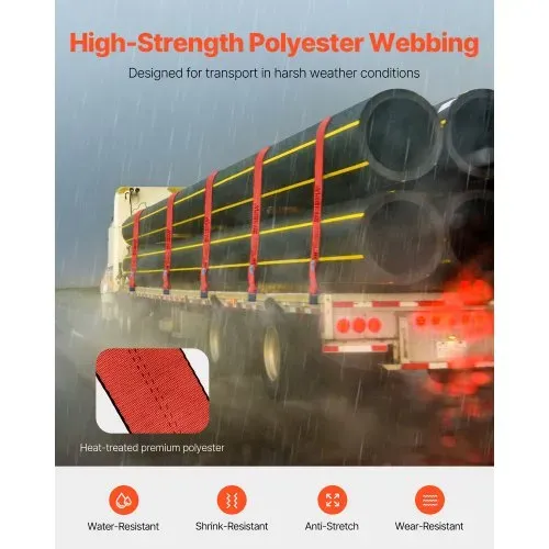 VEVOR Windengurte, 4" x 30', 6000 lbs Tragfähigkeit, 18000 lbs Bruchfestigkeit, LKW-Gurte mit flachem Haken, Ladungskontrolle für Anhänger, Bauernhöfe, Rettungen, Baumschoner, Rot (10er-Pack) – Bild 2