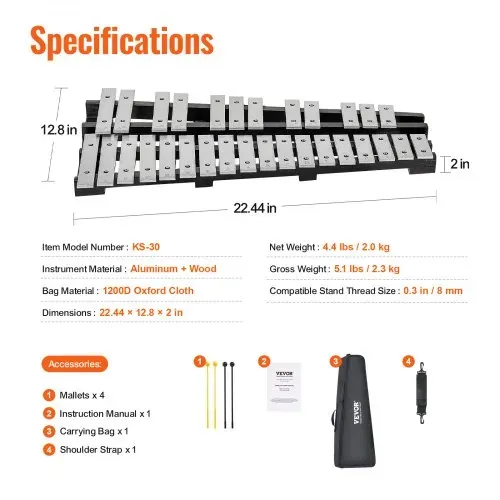 VEVOR Glockenspiel-Xylophon-Set mit 30 Tönen, Schlaginstrument mit Schlägeln, Trommelstöcken und Tragetasche, professionelles Glockenspiel-Xylophon-Schlaginstrumentenset für Schüler und Erwachsene – Bild 6