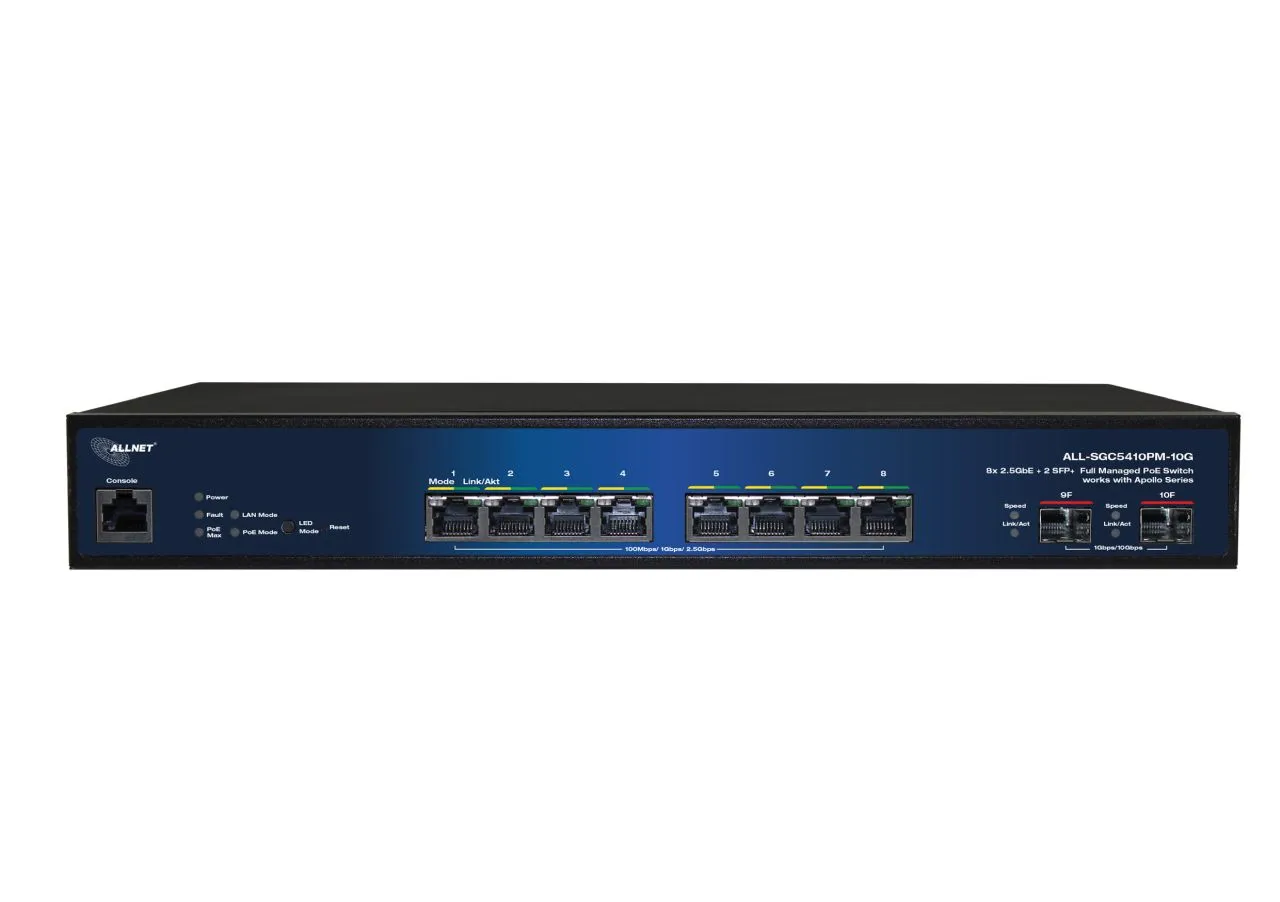 ALLNET Apollo full managed Layer2+ 10Port • 8x 2.5GB • PoE Budget 240W • 8x PoE at • 2x SFP+ • Apollo • ALL-SGC5410PM-10G ALLNET Apollo full managed Layer2+ 10Port • 8x 2.5GB • PoE Budget 240W • 8x PoE at • 2x SFP+ • Apollo • ALL-SGC5410PM-10G