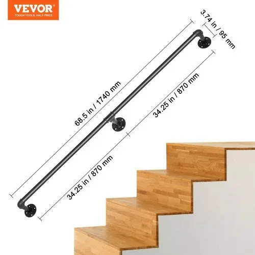 VEVOR 2x Retro Wasserrohr Handlauf 180cm Industrieller Geländer Schutzbügel Kohlenstoffstahl 3x Wandhalterungen Handlauf Rustikal 200kg Tragfähigkeit Geeignet für Handläufe im Innen-/Außenbereich – Bild 6