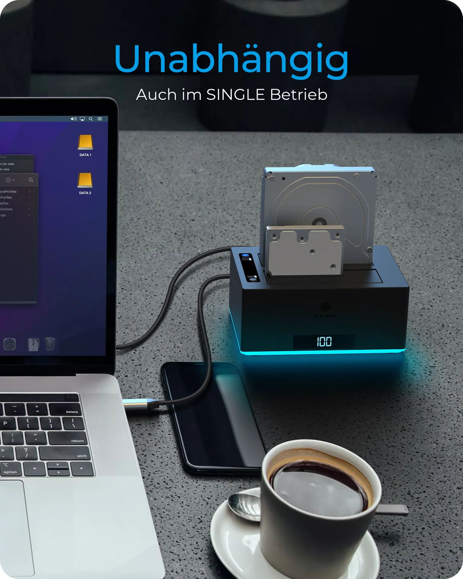ICY BOX IB-127CL-U3; Docking und Klonstation für 2x 2,5" oder 3,5" HDD/SSD zu USB 3.2 Gen 1 Host, SINGLE + copy funktion, UASP & SATA III (6 Gbit/s) – Bild 5