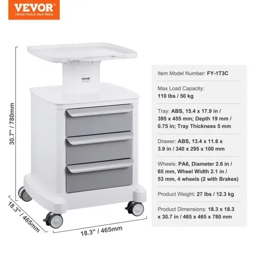 VEVOR Laborwagen mit 4 Ebenen, Laborwagen mit 3 Schubladen und 1 oberen Ablage, mobiler medizinischer Wagen aus ABS-Material, Laborrollwagen mit 4 leisen Rädern für Labor, Klinik, Krankenhaus, Salon, weiß – Bild 6