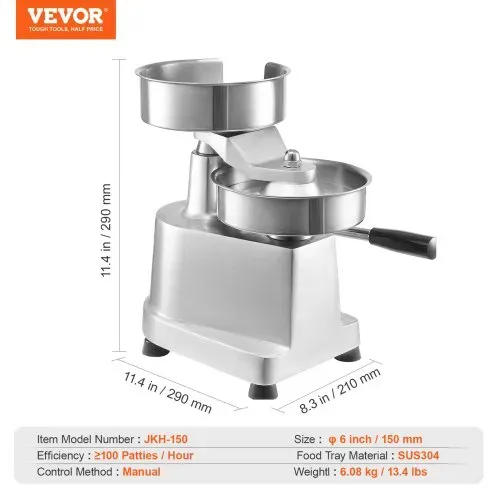 VEVOR Kommerzieller Burger-Patty-Maker, 150 mm/6 Zoll Hamburger-Rindfleisch-Patty-Maker, robuste, lebensmittelechte Edelstahlschüssel-Burgerpresse, Küchen-Fleischformmaschine mit 1000 Stück Patty-Papi – Bild 6