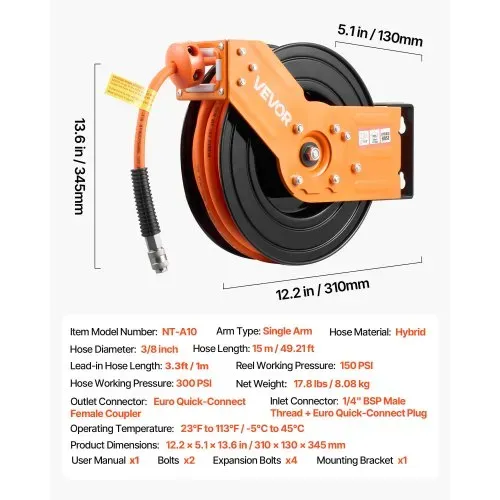 VEVOR Druckluft Schlauchtrommel, 15 m x 3/8 Zoll Hybrid-Druckluftschlauch, Schlauchaufroller 20 bar, Automatische Schlauchaufwicklung mit 1 m Zuleitung, 180° schwenkbare Decken-/Wandhalterung – Bild 6
