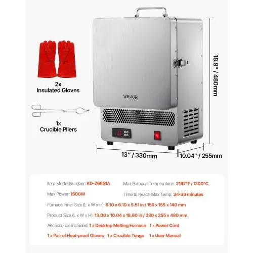 VEVOR Tisch-Schmelzofen 1500 W leistungsstarker elektrischer Ofen 1200 ℃ maximale Temperatur, Goldschmelzofen aus Edelstahl für Wachsguss Ton-DIY Metalltemperierung Glasieren auf Keramik, Silber – Bild 6
