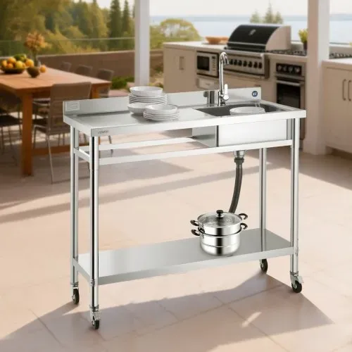 VEVOR Spültisch Spülbecken Edelstahl (1200 x 500 x 1055 mm), Einzelbecken mit Wasserhahn & Rädern, Küchenspüle für Garage Restaurant Wäscherei, Waschtisch Außenspüle mit Arbeitsplatte (links) – Bild 7