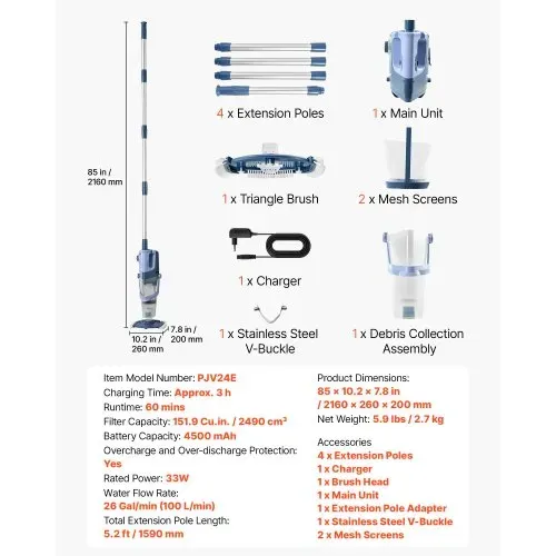 VEVOR Akku-Poolsauger Handpoolsauger Bodensauger Unterwassersauger 100L/min, Poolreiniger für Aufstellpools 60 Minuten Laufzeit Starke Saugkraft für Blätter & Schmutz mit Verlängerungsstange – Bild 6