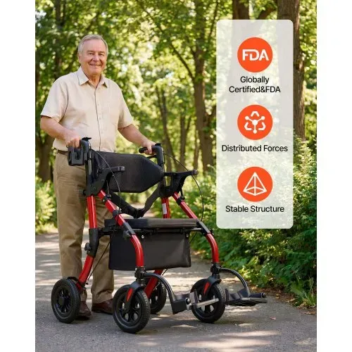 VEVOR 2-in-1 Rollator Faltbar mit Sitz, Leichter Gehwagen mit Reifen, Gehhilfe bis 136 kg mit Rückenlehne Tasche Gehstockhalter, Höhenverstellbare Laufhilfe mit Feststellfunktion für Senioren, Rot – Bild 7