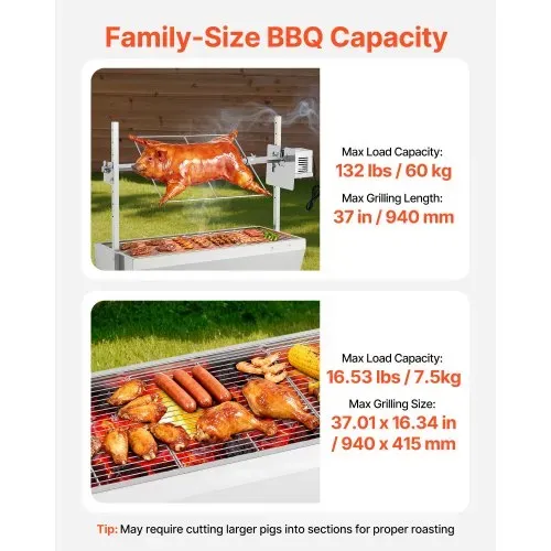 VEVOR Drehspießgrill 38 W Spanferkelgrill Lammgrill Holzkohlegrill (94 cm Grilllänge) mit 60 kg Tragkraft & Rädern & 7-facher Höhenverstellung, Edelstahl-Elektrogrill-Set für Camping Outdoor – Bild 2