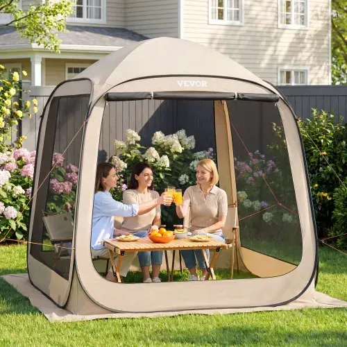 VEVOR Campingzelt, 182,88x182,88x219,4 cm, Partyzelt für 4-6 Personen, Pop Up Zelt mit Tragetasche, Netz-Seitenwänden und Heringen, für Garten, Terrasse und Outdoor-Aktivitäten, Beige – Bild 7
