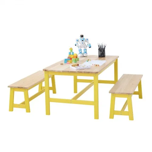 VEVOR Kindersitzgruppe Kindertisch, 2 Bänke 1 Tisch Kindersitzgruppe aus Massivholz, Kindertisch-Set Stabile Kindermöbel Sitzmöbel für Kinder, Mädchen, Jungen, Spielzimmer Kindermöbelset Gelb VEVOR Kindersitzgruppe Kindertisch, 2 Bänke 1 Tisch Kindersitzgruppe aus Massivholz, Kindertisch-Set Stabile Kindermöbel Sitzmöbel für Kinder, Mädchen, Jungen, Spielzimmer Kindermöbelset Gelb