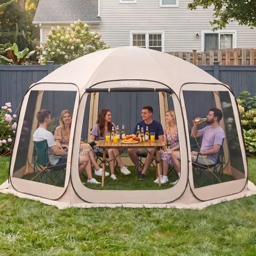 VEVOR Campingzelt, 457,2x420,6x245 cm, Partyzelt für 12–15 Personen, Pop Up Zelt, inkl. Tragetasche, Netz-Seitenwände und Heringen, für Garten, Terrasse und Outdoor-Aktivitäten, Beige – Bild 7