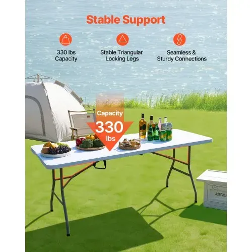 VEVOR Klapptisch Buffettisch tragbarer Allzwecktisch 180 cm, rechteckiger Kunststofftisch (für 4-6 Personen) mit integriertem Griff, Gartentisch Campingtisch für Partys Picknick Camping, weiß – Bild 2