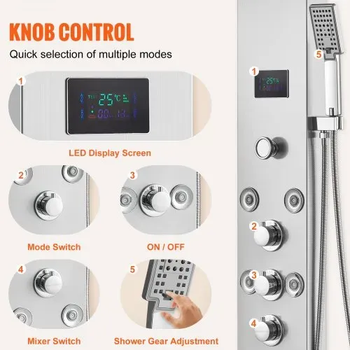 VEVOR Duschpaneelsystem, 6 Duschmodi, LED- und Bildschirm-Wasserkraft-Duschpaneelturm, Regenfall, Wasserfall, 8 Massagedüsen, Wannenauslauf, Handbrause, Wandduschset aus Edelstahl – Bild 4
