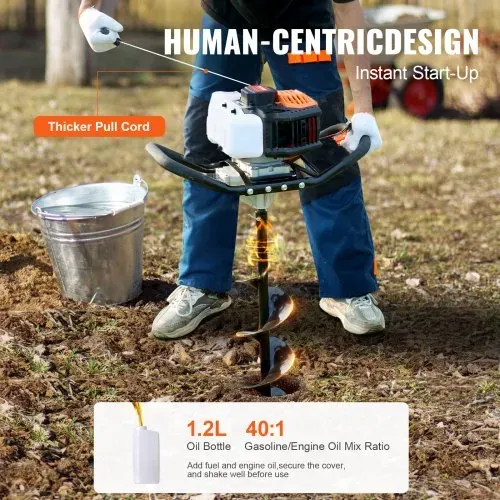 VEVOR Erdbohrer mit Benzinmotor, 52 CC, 1450 W, Benzinbohrer mit 8-Zoll-Bohrkronen und 1 Verlängerungsstange, Lochbohrer für Pfostenzäune für Ackerland, Gartenpflanzen, Orange+Schwarz – Bild 4