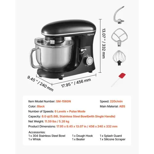 VEVOR KüchenmaschineTeigmixer 1400 W 5,68 L Küchenmaschine mit kippbarem Kopf Edelstahlschüssel Knethaken Schneebesen Schaber, Haushalts-Küchenmaschine zum Backen und Mixen, schwarz – Bild 6