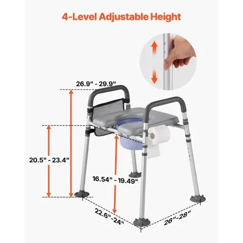 VEVOR Nachttoilettenstuhl 227 kg belastbar, Toilettensitzerhöhung mit gepolsterter Sitzfläche & Rückenlehne, abnehmbarer 5 L Eimer, höhenverstellbarer Toilettenstuhl für Senior Erwachsene – Bild 2