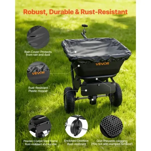 VEVOR Streuwagen 38,6 kg Fassungsvermögen, Schleuderstreuer Anhängestreuer 3 m Streubreite, Streuanhänger mit 25,4 cm Reifen, einstellbare Streumenge, Rasenstreuer für Saatgut, Dünger & Streusalz – Bild 4