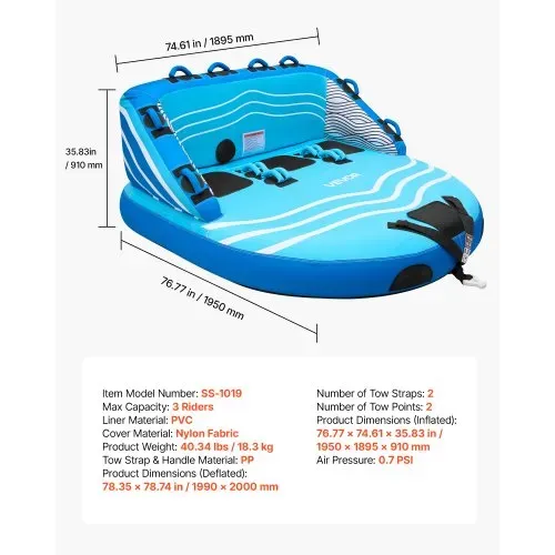 VEVOR Towable Tube für Boote, Wassersport-Schleppreifen für 3 Personen, bis 231 kg Tragfähigkeit, mit 2 Zugpunkten, Nylonhülle, Gepolsterten Griffen und Sicherheitsventil, für Seen, Flüsse, Blau – Bild 6