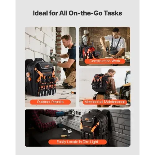 VEVOR Werkzeugrucksack, 45 Taschen, Werkzeug-Aufbewahrungs-Organizer, Backpack mit Laptopfach und verstärktem Stoffboden, Werkzeugtasche, Baustellenrucksack für Elektriker, Handwerker – Bild 5