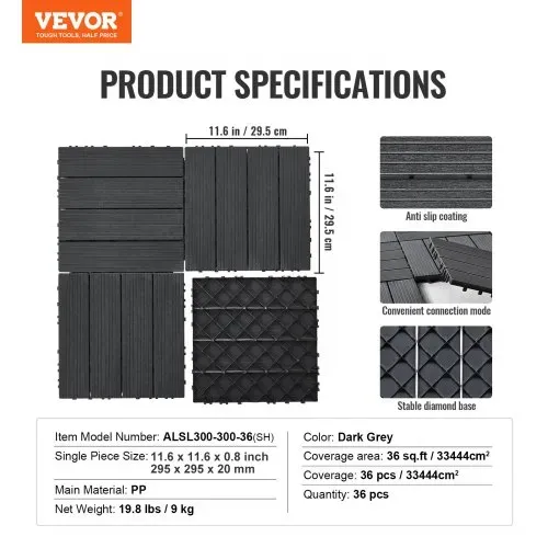 VEVOR Terrassenfliesen, 36er-Set, Balkonfliesen 30 x 30 cm, Klickfliesen, wasserdichter Kunststoff-Bodenbelag für den Außenbereich, Terrassenbodenbelag für Veranda, Pool, Balkon, Hinterhof, Dunkelgrau – Bild 6