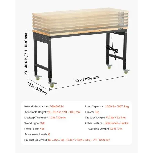 VEVOR Werkbank 1524x559x711-1030mm, 907 kg Tragkraft, Werktisch mit Steckdose, Rädern und Stecktafel, robuster Arbeitstisch mit Eichenholzplatte für Garage, Werkstatt, Büro und Zuhause – Bild 6
