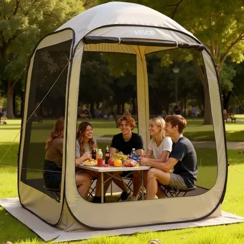 VEVOR Campingzelt, 182,88x182,88x219,4 cm, Partyzelt für 4-6 Personen, Pop Up Zelt mit Tragetasche, Netz-Seitenwänden und Heringen, für Garten, Terrasse und Outdoor-Aktivitäten, Beige – Bild 7