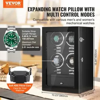 VEVOR Uhrenbeweger, Automatik-Uhrenbeweger, Watch Winder, Uhrenbeweger für Automatikuhren, Automatischer Uhrenbeweger mit Platz für 4 Uhren, LED Beleuchtung, 150–207 mm Einstellbar Riemenlänge VEVOR Uhrenbeweger, Automatik-Uhrenbeweger, Watch Winder, Uhrenbeweger für Automatikuhren, Automatischer Uhrenbeweger mit Platz für 4 Uhren, LED Beleuchtung, 150–207 mm Einstellbar Riemenlänge