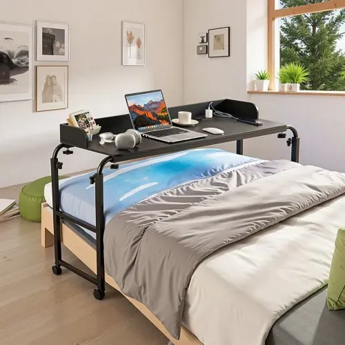 VEVOR Überbetttisch mobiler Betttisch mit 4 Rollen (2 mit Bremsen) und Steckdose, höhenverstellbarer Laptop-Rolltisch, Tragbarer Spanplatten-Überbetttisch für Zuhause Büro, Arbeitszimmer, Schwarz – Bild 7
