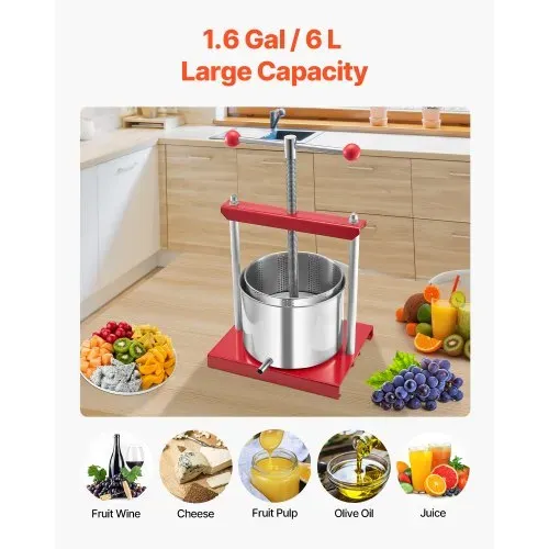 VEVOR Obstweinpresse Obstmühle Apfelmühle (6 L) mit 2 Edelstahlfässer, manueller Entsafter, Apfelweinpresse Apfelpresse Traubenpresse Olivenölpresse Saftpresse mit T-Griff für Küche Zuhause – Bild 2