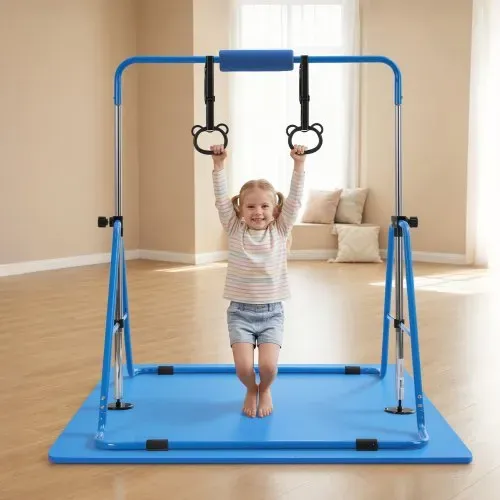 VEVOR Gymnastikstange für Kinder mit 63,5 kg Tragkraft, Klappbares Turnreck mit Matte, Höhenverstellbare Turnstange für Indoor- und Outdoor-Training, Heimtrainingsgerät für Kinderturnen zu Hause, Blau – Bild 7