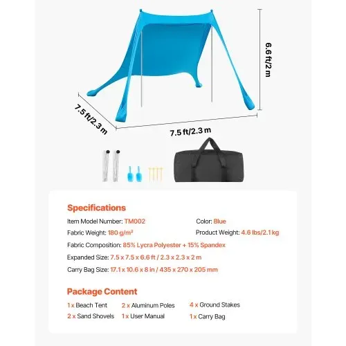VEVOR Strandzelt mit Sonnenschutz (UPF 50+) 2,3 x 2,3 x 2 m Grundfläche, Strandmuschel mit Stützstangen & Sandschaufeln, Tragbares Sonnensegel für Familienausflüge Camping Angeln Blau – Bild 6