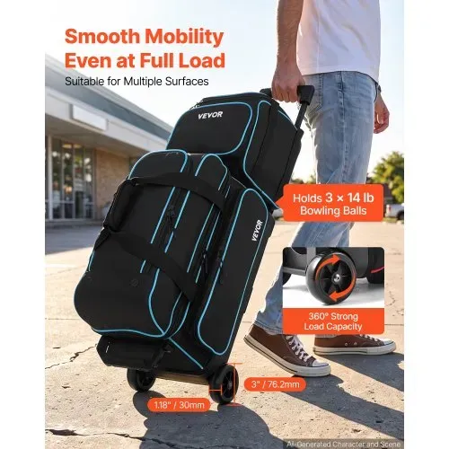 VEVOR 1 Bowlingtasche mit Rollen + 1 Bowlingtasche (Mini) für 2+1 Kugeln aus 600D Oxford Blau Schwarz, für Schuhe bis US-Größe 16, mit Teleskopgriff (bis zu 1016 mm) und Doppellagigen Ablagen – Bild 2