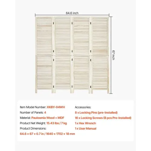 VEVOR Paravent Faltbar Trennwand Holz Raumteiler 4-tlg. 1702 mm Hoch Weiß, Raumtrennung & Wohndekoration, Massivholzrahmen, 360° Doppelgelenk-Scharniere, Lamellen-Stellwand mit Befestigungsmaterial – Bild 6