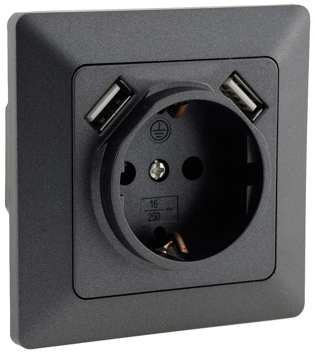 MILOS Schutzkontakt-Steckdose, Anthrazit 250V~/ 16A, UP, 2x USB Buchse je 5V/1A MILOS Schutzkontakt-Steckdose, Anthrazit 250V~/ 16A, UP, 2x USB Buchse je 5V/1A