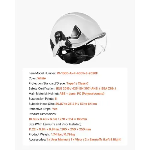 VEVOR Schutzhelm ANSI/ISEA Z89.1-zugelassener ABS-Sicherheitshelm mit Visier & Ohrenschützern, verstellbarer Industriehelm belüfteter Bauhelm Arbeitshelm für Industriebau Arbeitskleidung Weiß – Bild 6
