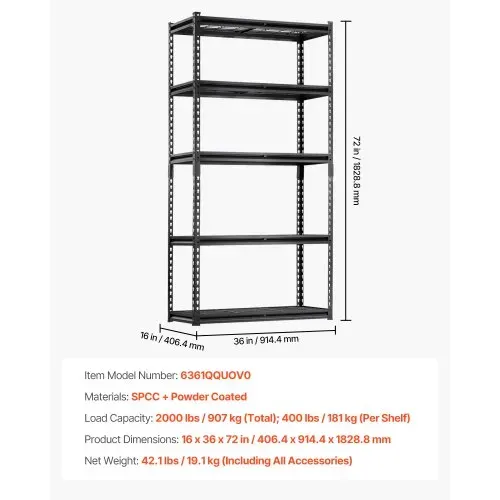 VEVOR Lagerregale, 907 kg, 5-stufiges Schwerlastregal für die Garage, 406,4x914,4x1828,8mm, verstellbares Steckregal, Industrieregal, Allzweckregal, Kellerregal für Küche, Lager, Keller, schwarz – Bild 6