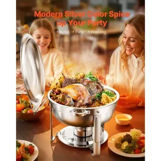 VEVOR Chafing Dish Buffet Speisenwärmer mit 2 Behältern in voller Größe (4,7 L pro), runder Catering-Wärmespender mit Deckel & Brennstoffhalter & Wasserpfanne, für Hochzeiten Partys Silber VEVOR Chafing Dish Buffet Speisenwärmer mit 2 Behältern in voller Größe (4,7 L pro), runder Catering-Wärmespender mit Deckel & Brennstoffhalter & Wasserpfanne, für Hochzeiten Partys Silber